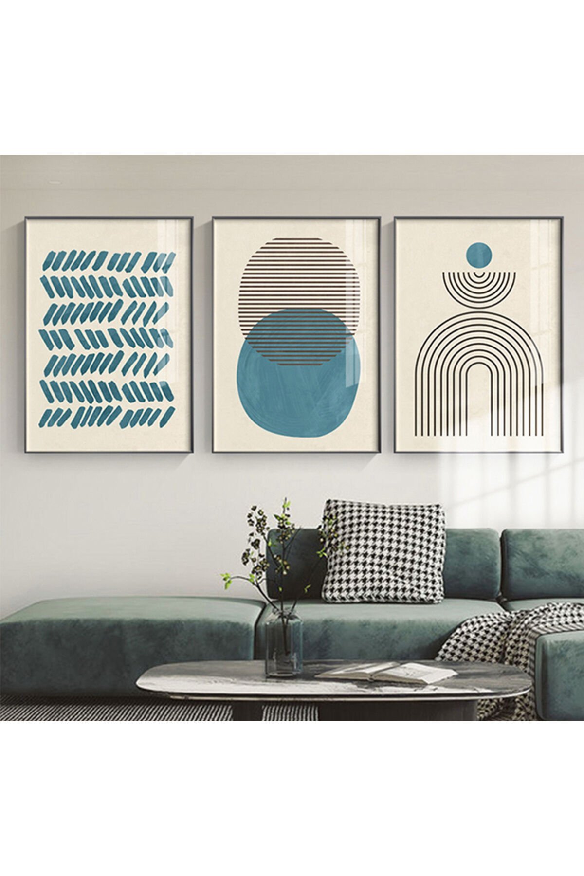 Üçlü Siyah Alüminyum Metal Çerçeveli Mavi Geometrik Modern Yaprak Camlı Tablo Poster Seti