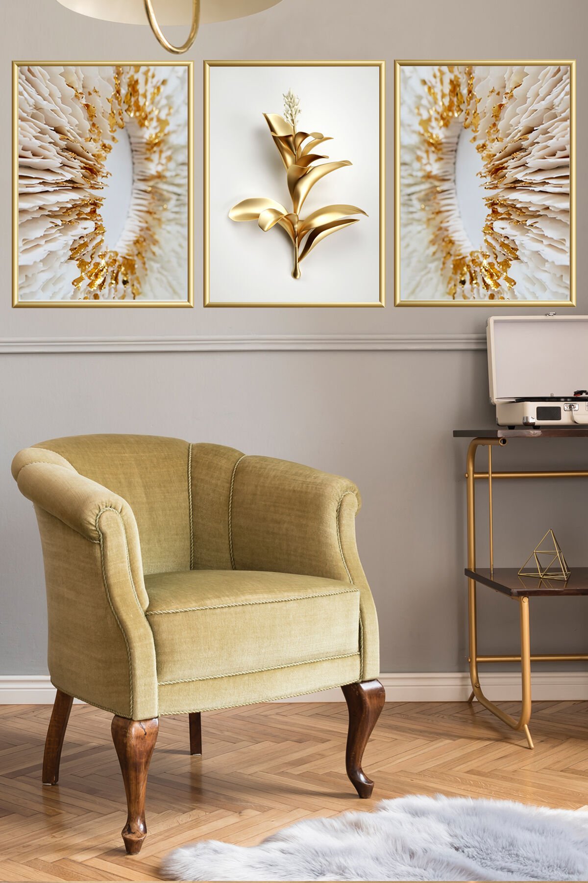 Üçlü Ince Metal Gold Şık Dekoratif Salon Cam Tablo Çerçeveli Set