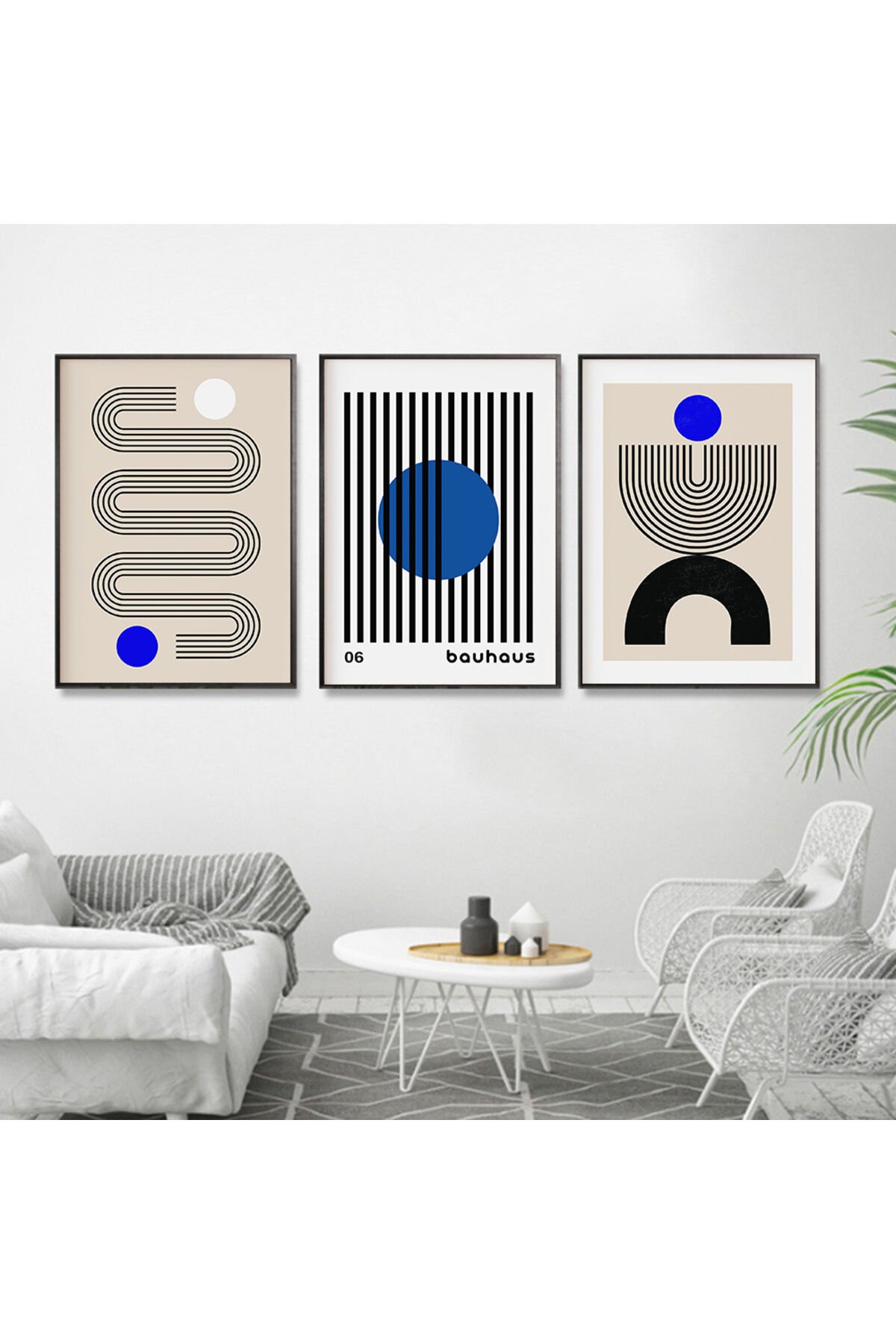 Üçlü Siyah Alüminyum Metal Çerçeveli İskandinav Mavi Modern Yaprak Camlı Tablo Poster Seti