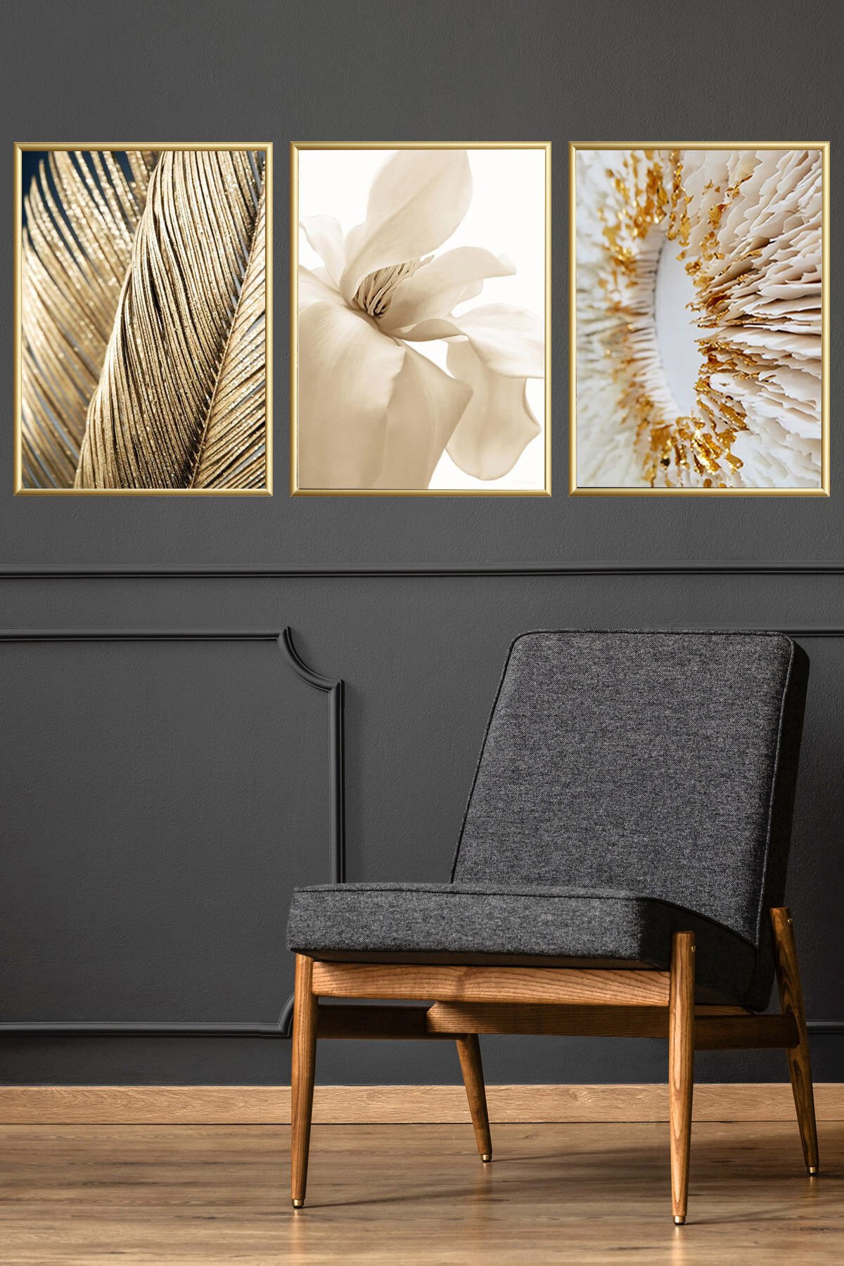 Üçlü Gold Alüminyum Krem Çiçek Palmiye Metal Çerçeveli Camlı Poster Tablo Seti