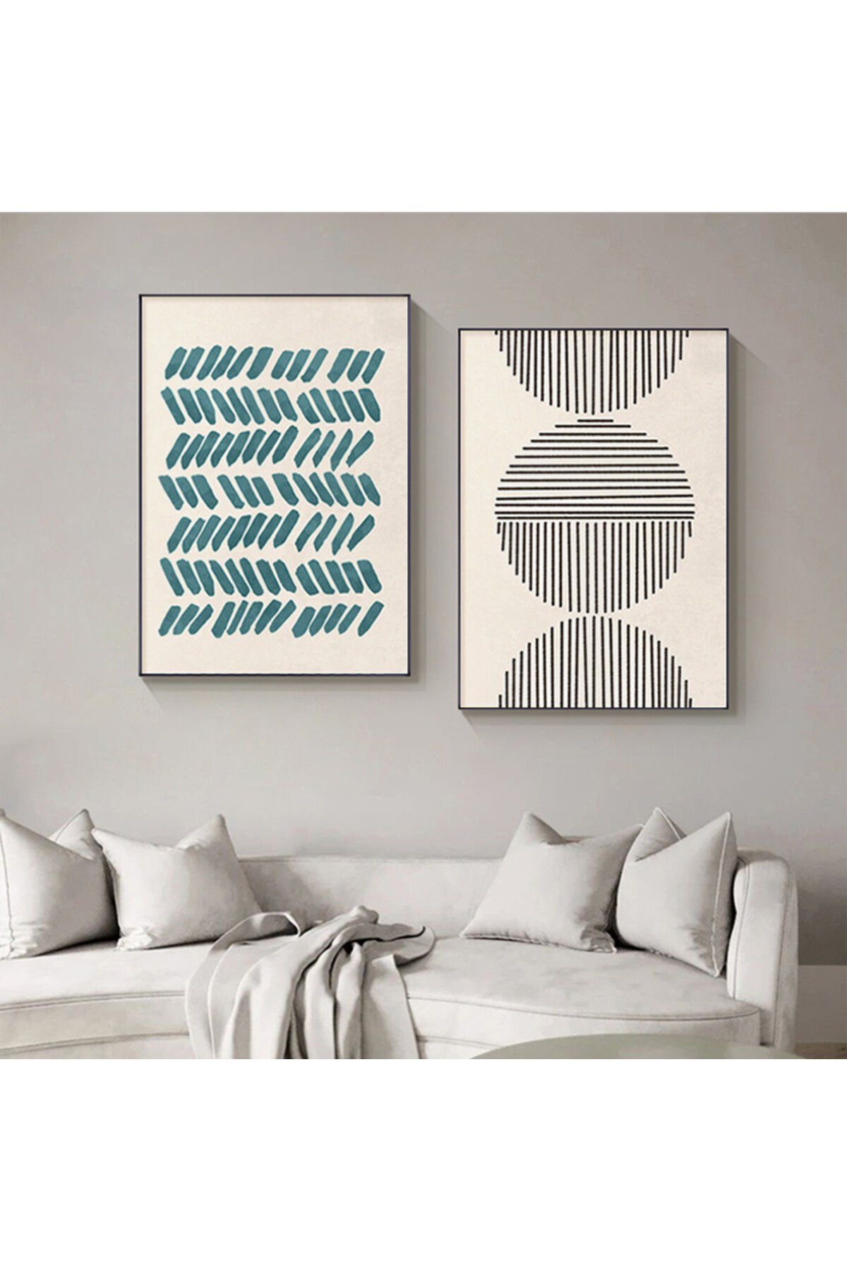 İkili Siyah Alüminyum Metal Çerçeveli İskandinav Mavi Modern Yaprak Camlı Tablo Poster Seti