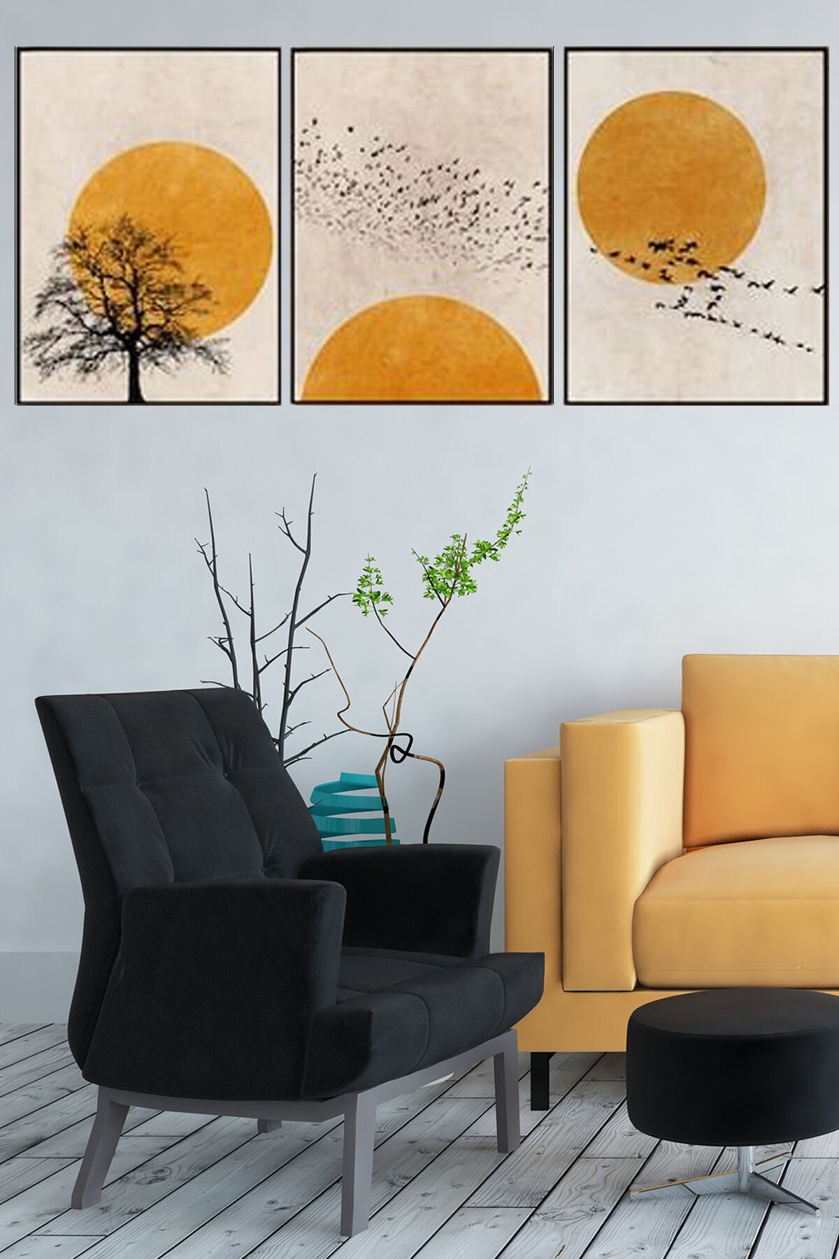 Üçlü Siyah Alüminyum Metal Çerçeveli Gün Batımı Sarı Doğa Camlı Tablo Poster Seti
