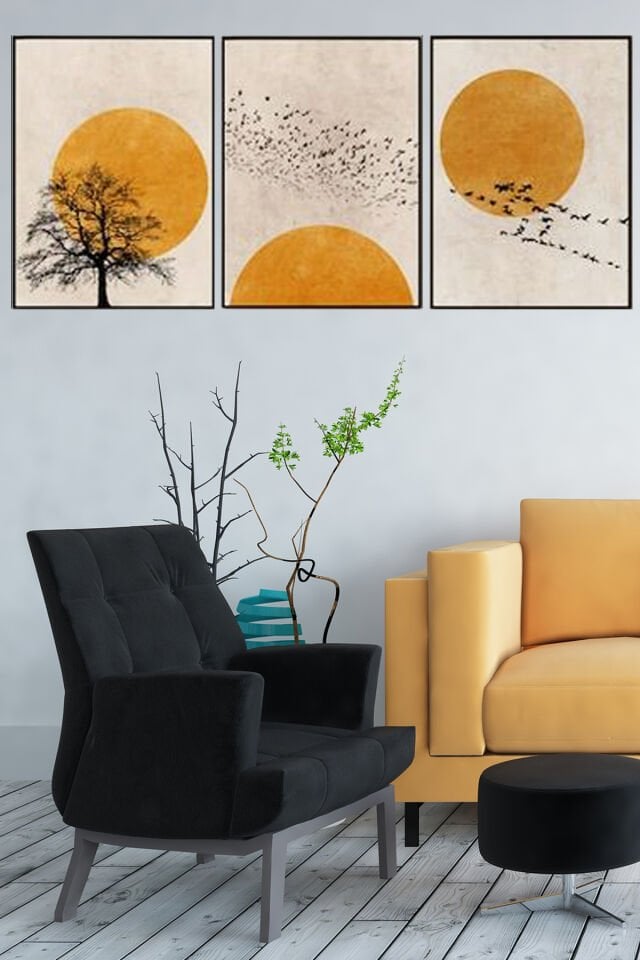 Üçlü Siyah Alüminyum Metal Çerçeveli Gün Batımı Sarı Doğa Camlı Tablo Poster Seti