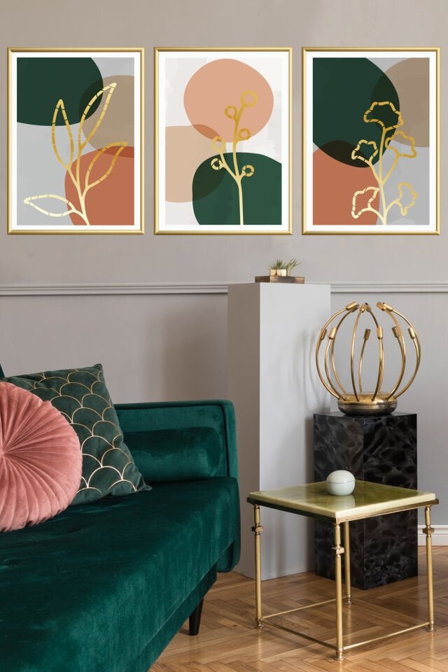 Üçlü Gold Ince Metal Çerçeveli Cam Tablo Tüy Dalga Poster Set