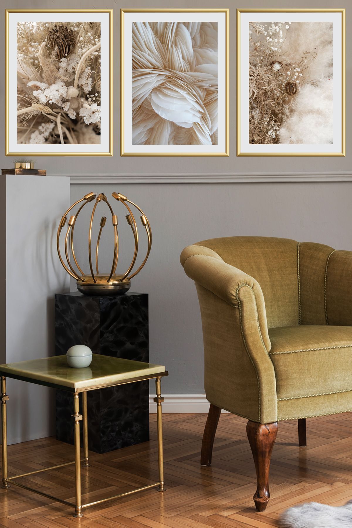 Üçlü Metal Gold Alüminyum Soft Renk Cam Salon Çerçeveli Poster Tablo Seti