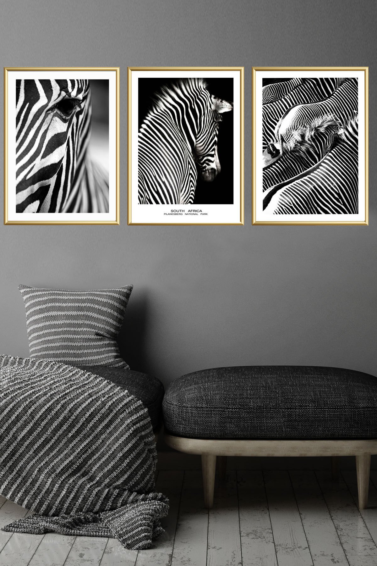 Üçlü Ince Metal Alüminyum Çerçeveli Cam Siyah Beyaz Cam Zebra Poster Tablo Set