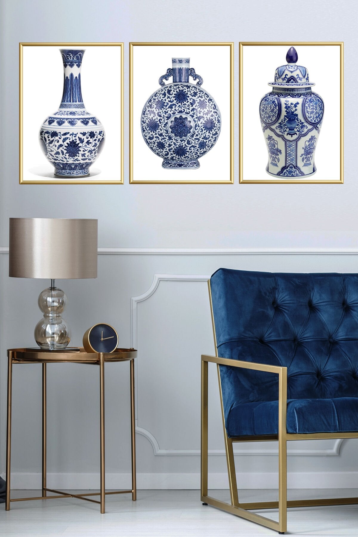 Üçlü Metal Gold Alüminyum Çerçeveli Çinili Poster Tablo Set