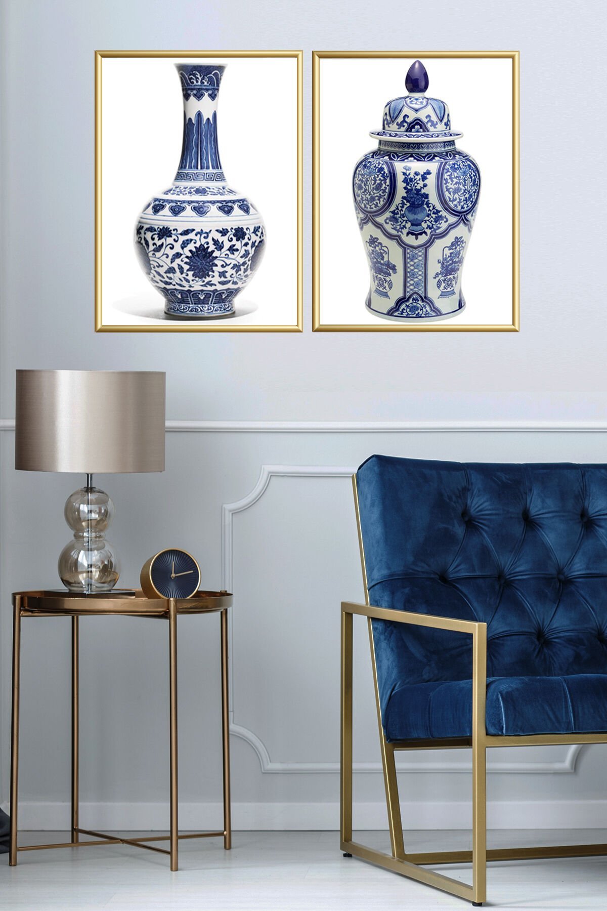 2li Alüminyum Ince Metal Çerçeveli Çinili Cam Blue Blanc Tablo Poster Seti