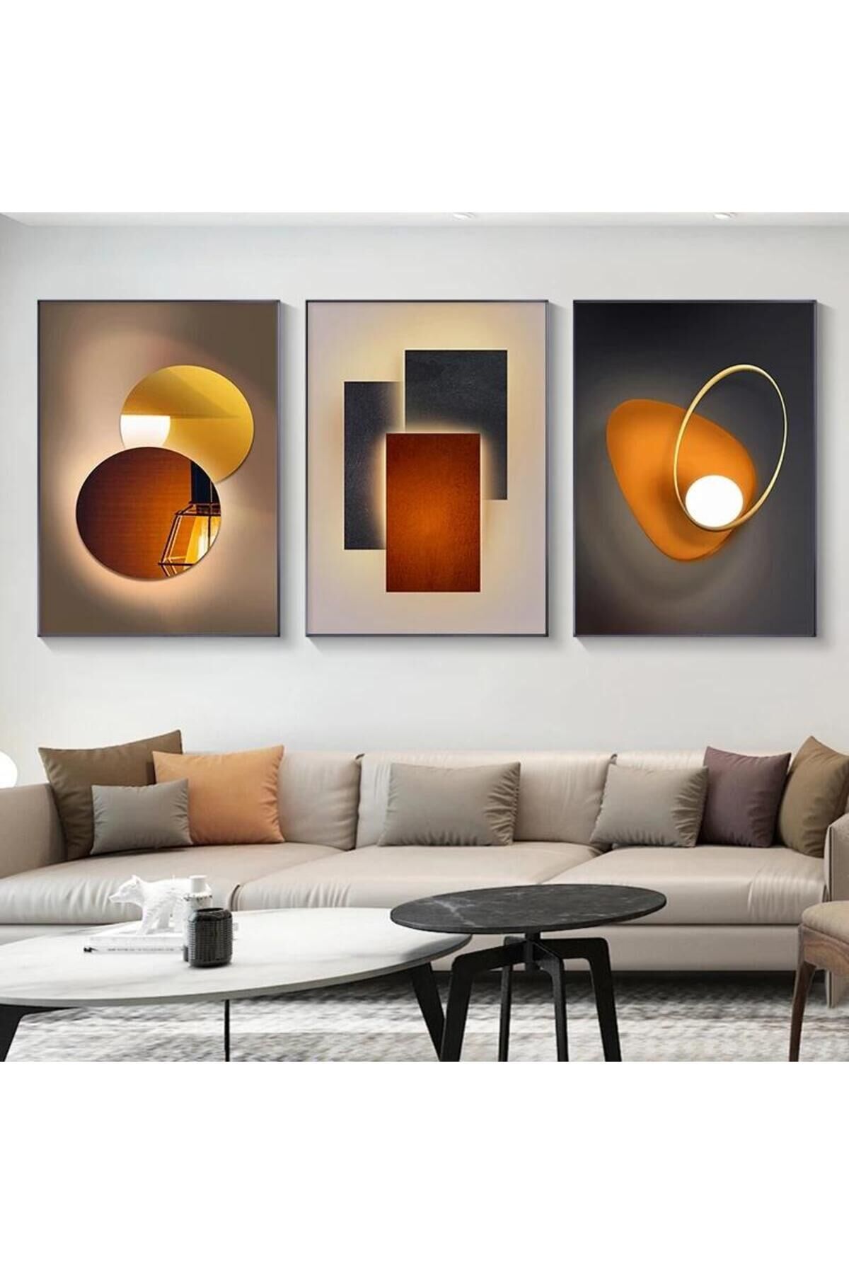 3lü Siyah İnce Çerçeveli Soyut Geometrik Metal Cam Tablo Seti