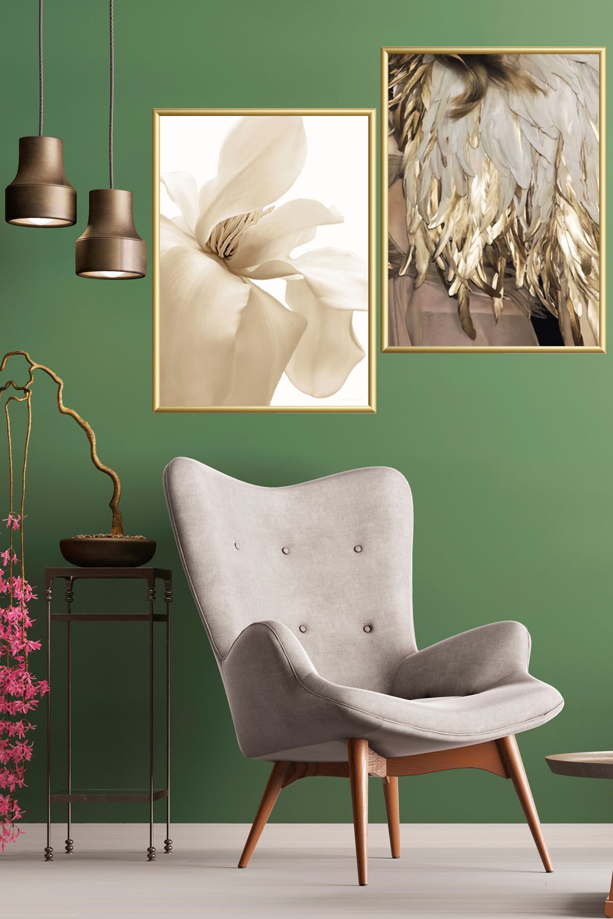 Ikili Ince Gold Metal Salon Krem Çiçek Cam Çerçeveli Poster Tablo Seti