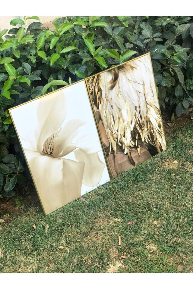 Ikili Ince Gold Metal Salon Krem Çiçek Cam Çerçeveli Poster Tablo Seti