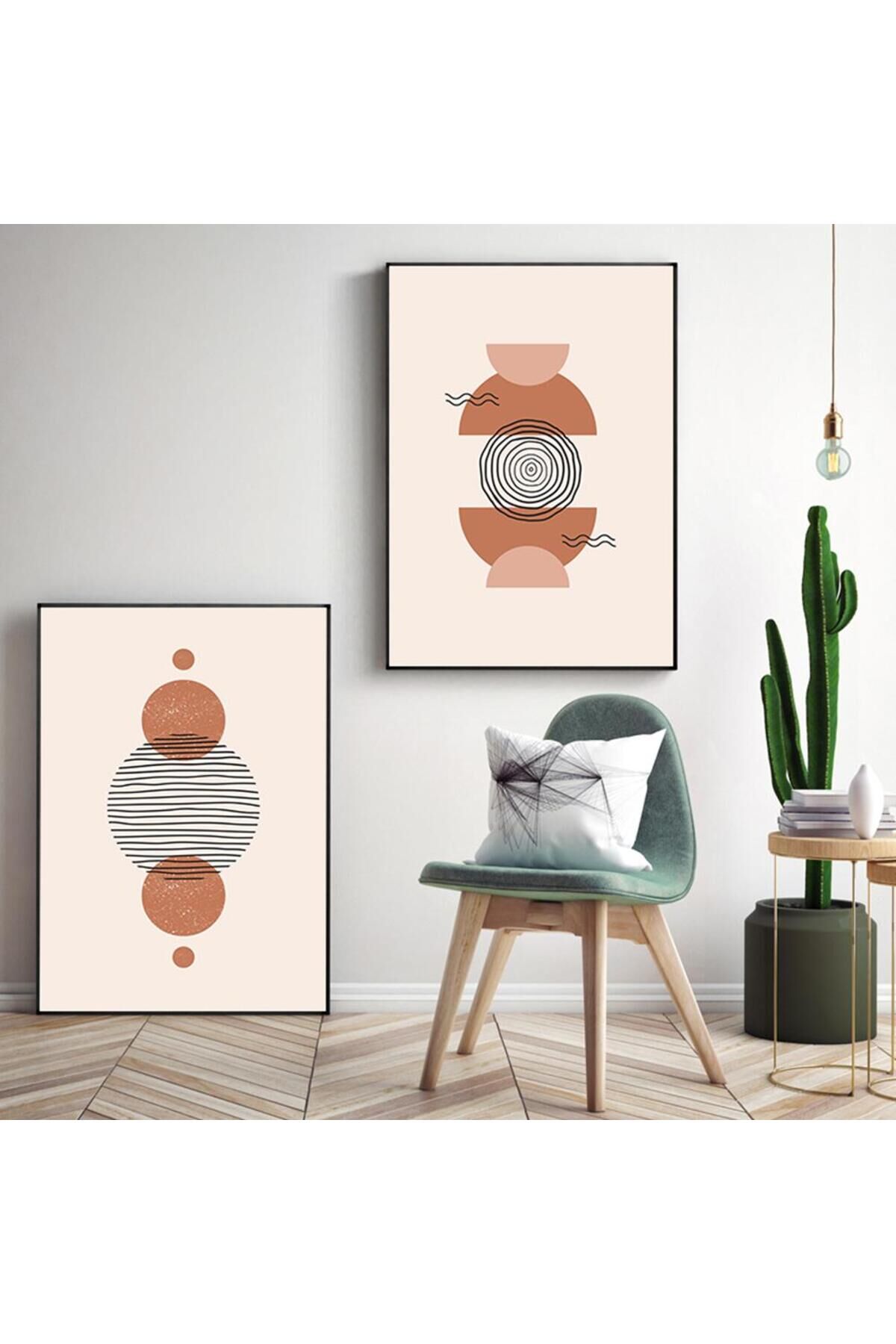 2li Siyah Metal Çerçeveli Geometrik Kahve Krem Camlı Tablo Seti