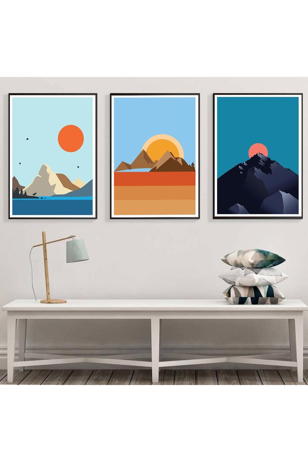 3lü Siyah Çerçeveli Soyut Doğa Güneş Metal Cam Tablo Seti