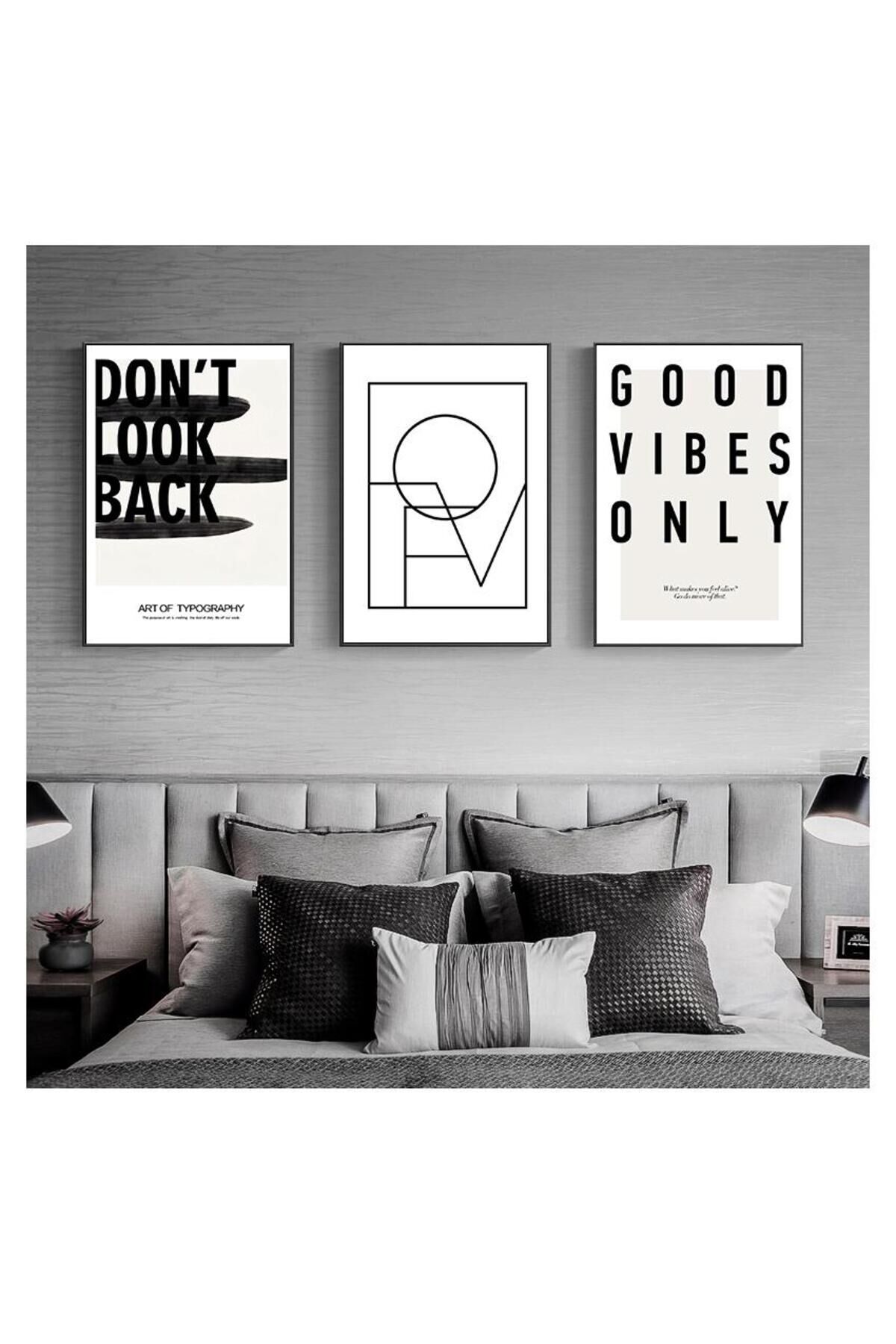 3lü Siyah Çerçeveli İlham Verici Motto Beyaz Metal Cam Tablo Seti