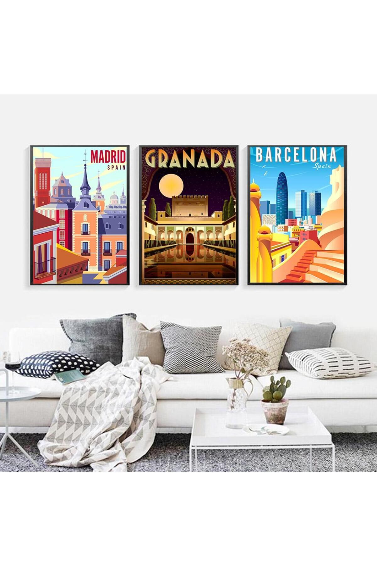 Üçlü Siyah Çerçeveli İspanya Şehirler Madrid Granada Barcelona Cam Tablo Seti