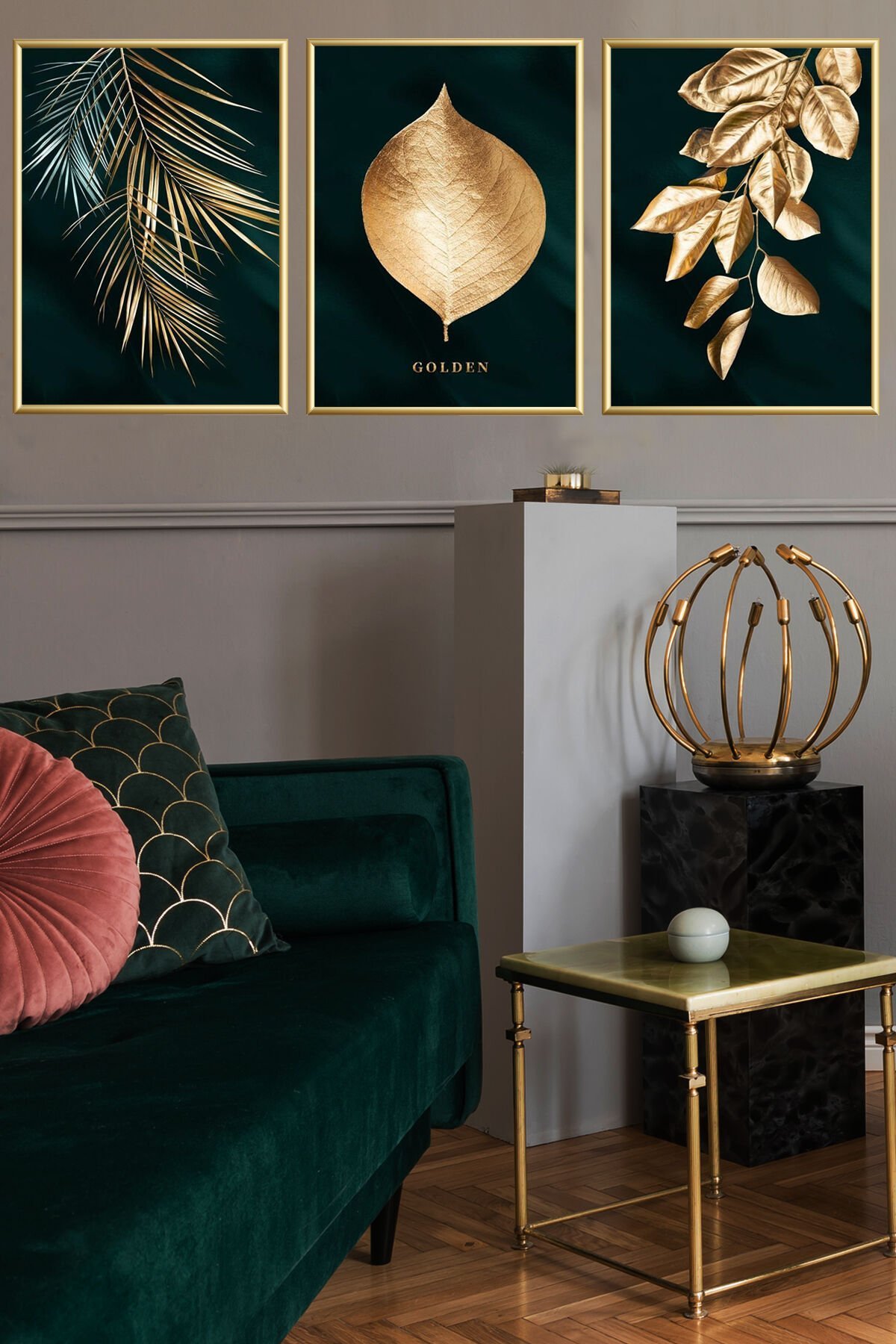 Üçlü Gold Alüminyum Metal Çerçeveli Poster Tablo Seti
