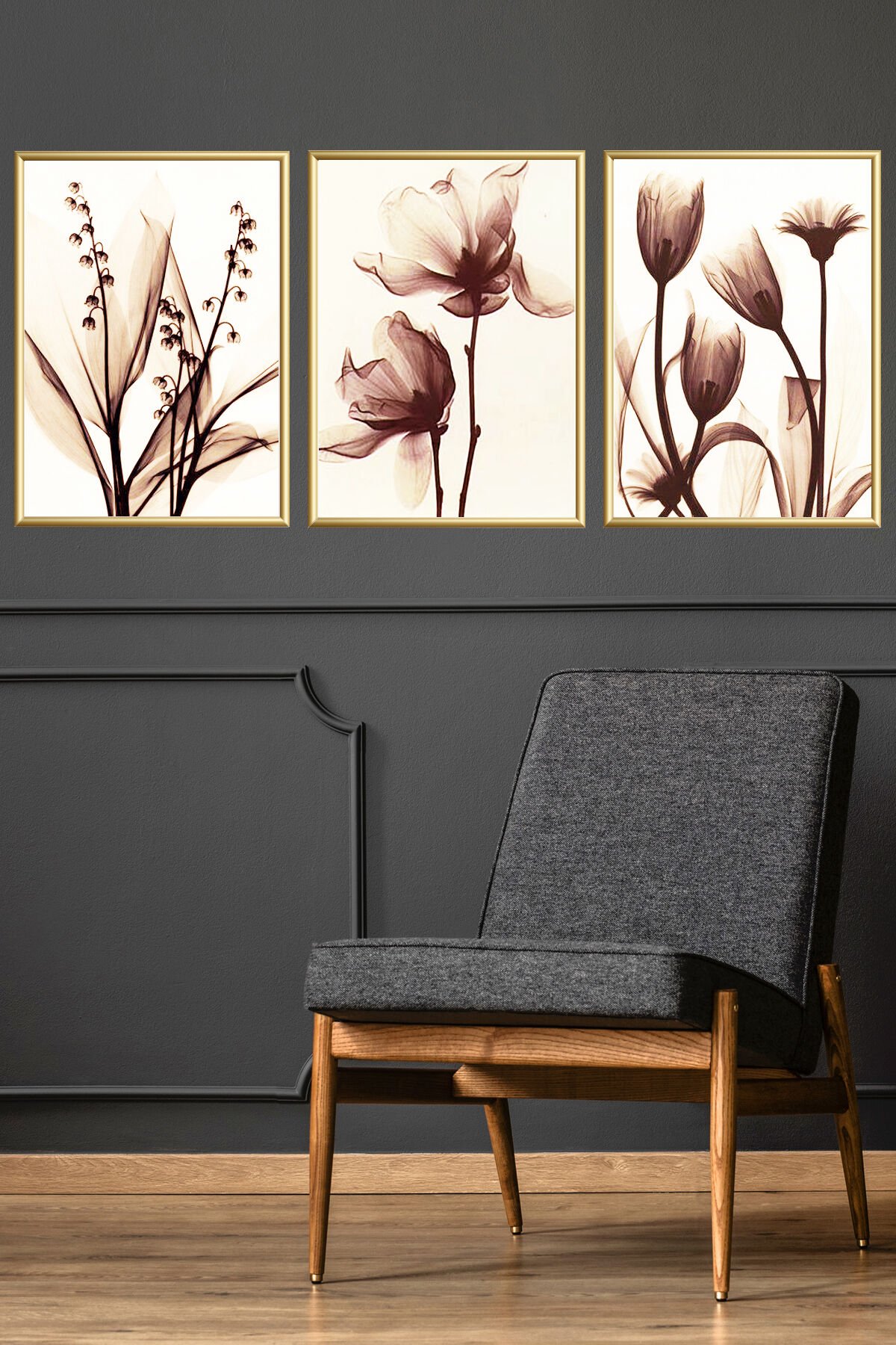 Üçlü Gold Alüminyum Metal Çiçek Çerçeveli Camlı Poster Tablo Seti