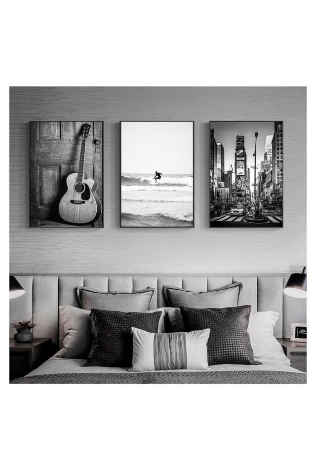 3lü Siyah Metal Çerçeve Gitar Müzik Şehir Modern Tarz Camlı Tablo Seti