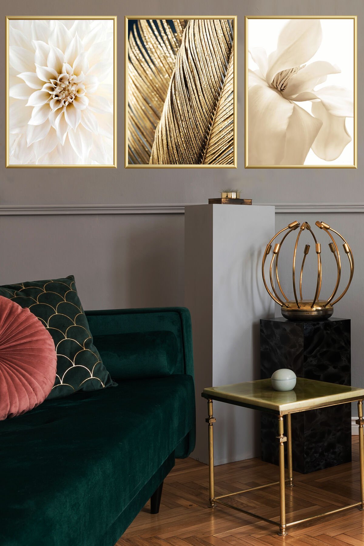 Üçlü Gold Alüminyum Krem Çiçek Palmiye Metal Çerçeveli Cam Poster Tablo Seti