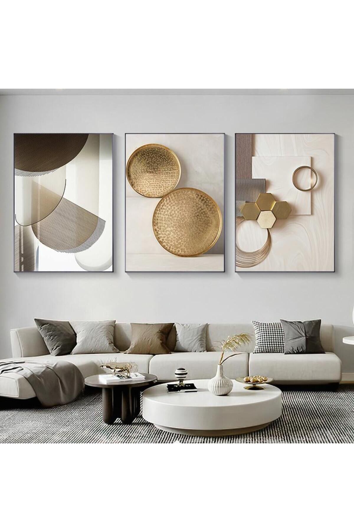 3lü Siyah Metal Çerçeve Goemetrik Altın Gold Şık Camlı Tablo Seti