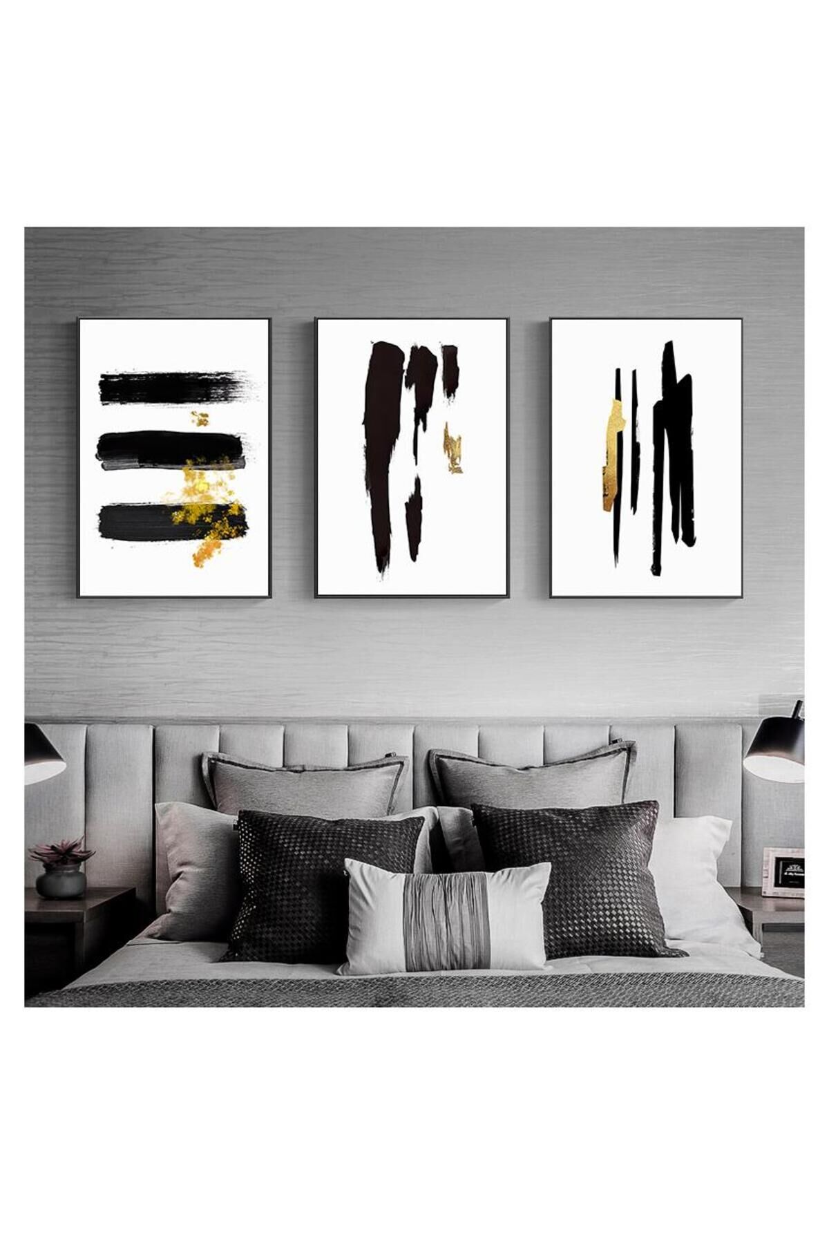 3lü Metal Çerçeve Siyah Beyaz Sanatsal Camlı Tablo Seti