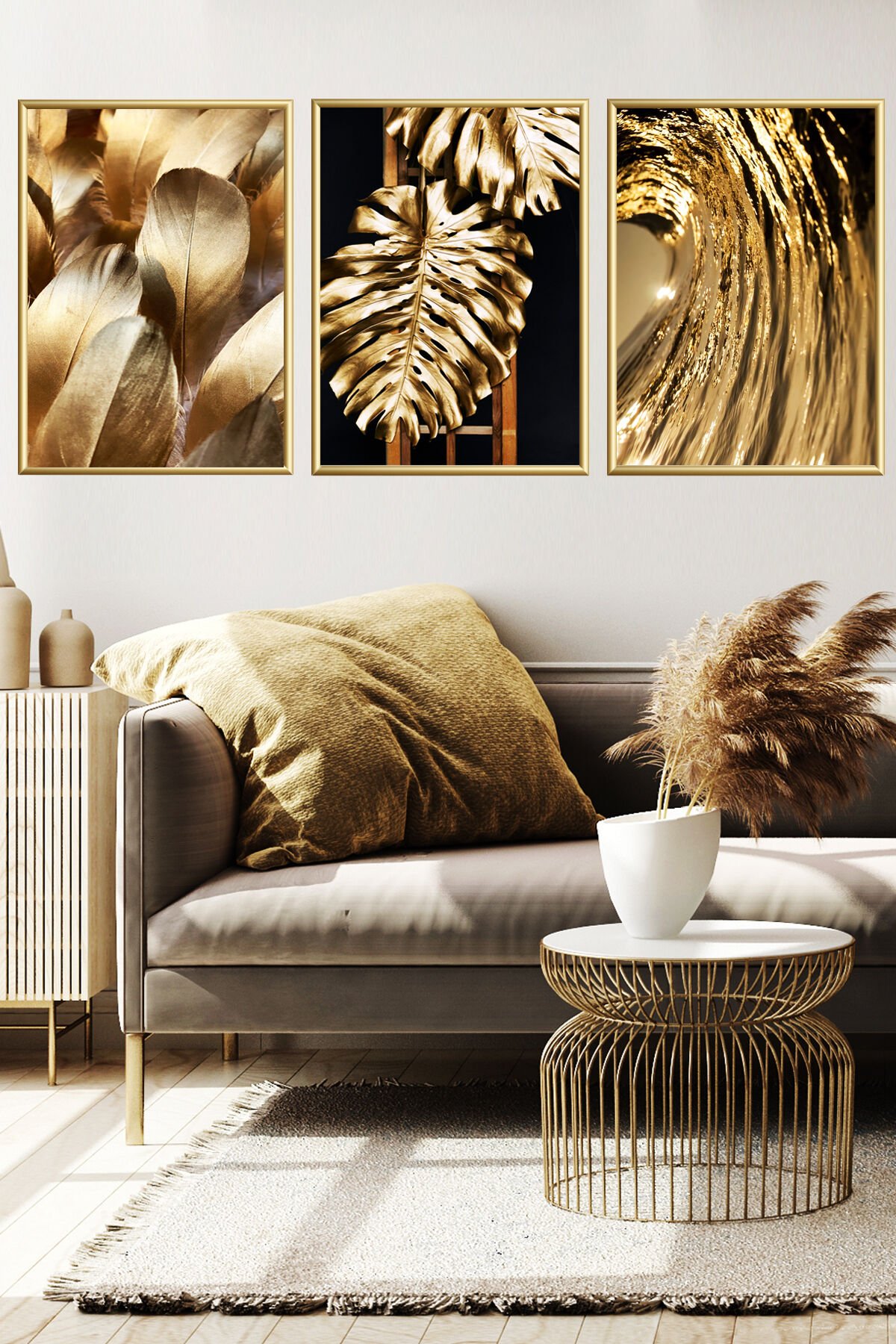 Üçlü Gold Alüminyum Tüy Yaprak Siyah Metal Çerçeve Cam Poster Tablo Seti