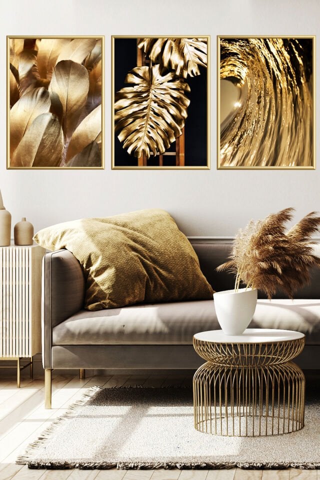Üçlü Gold Alüminyum Tüy Yaprak Siyah Metal Çerçeve Cam Poster Tablo Seti