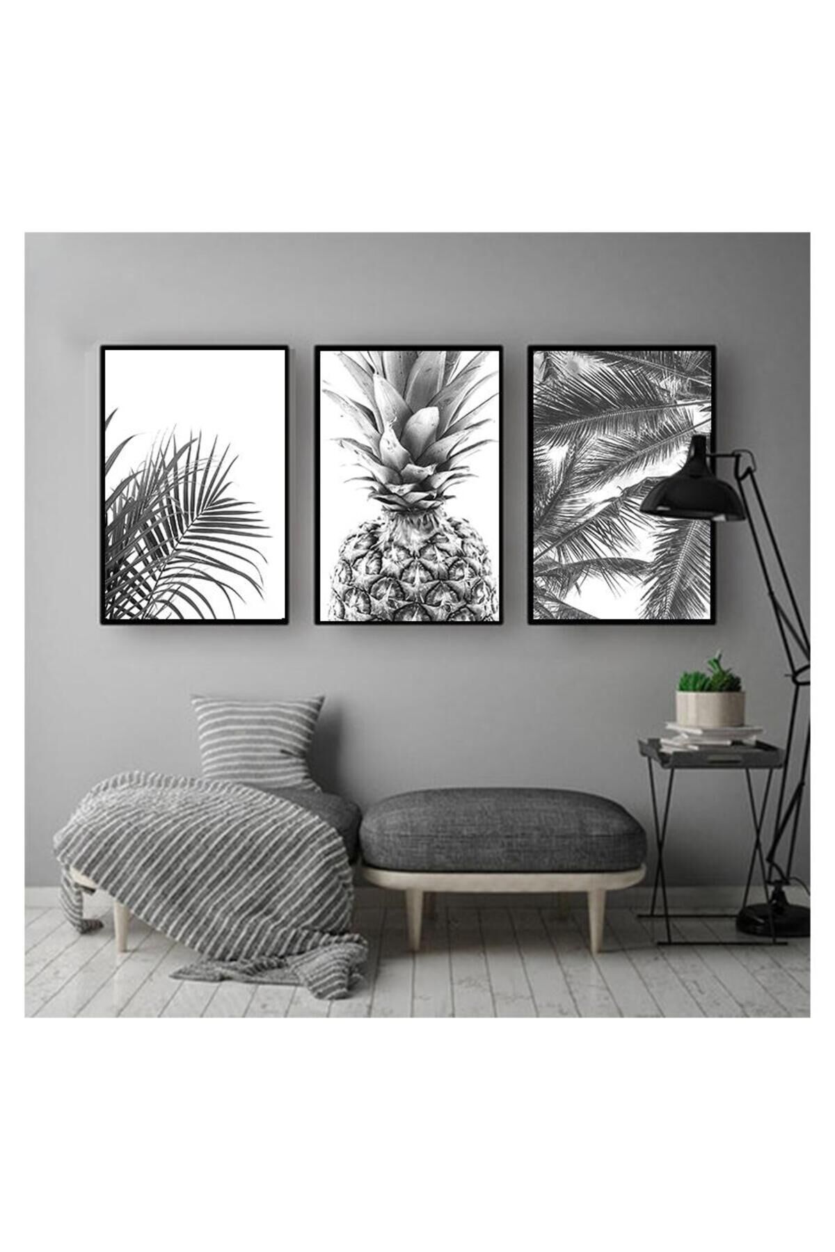 3lü Metal Siyah Ananas Yaprak Modern Camlı Tablo Seti