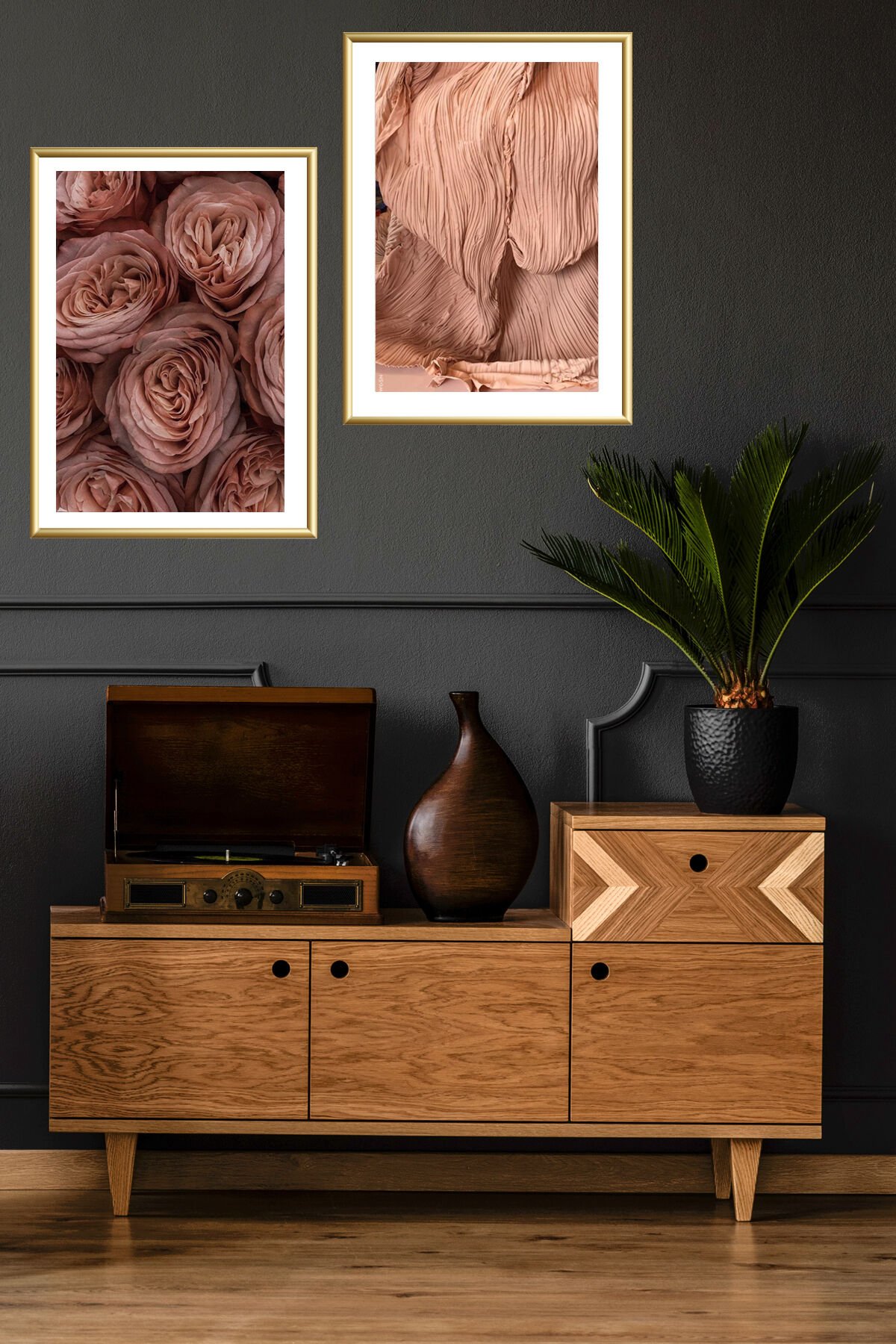 Ikili Gold Alüminyum Metal Dekoratif Çerçeveli Cam Paspartu Gül Kurusu Poster Tablo Seti