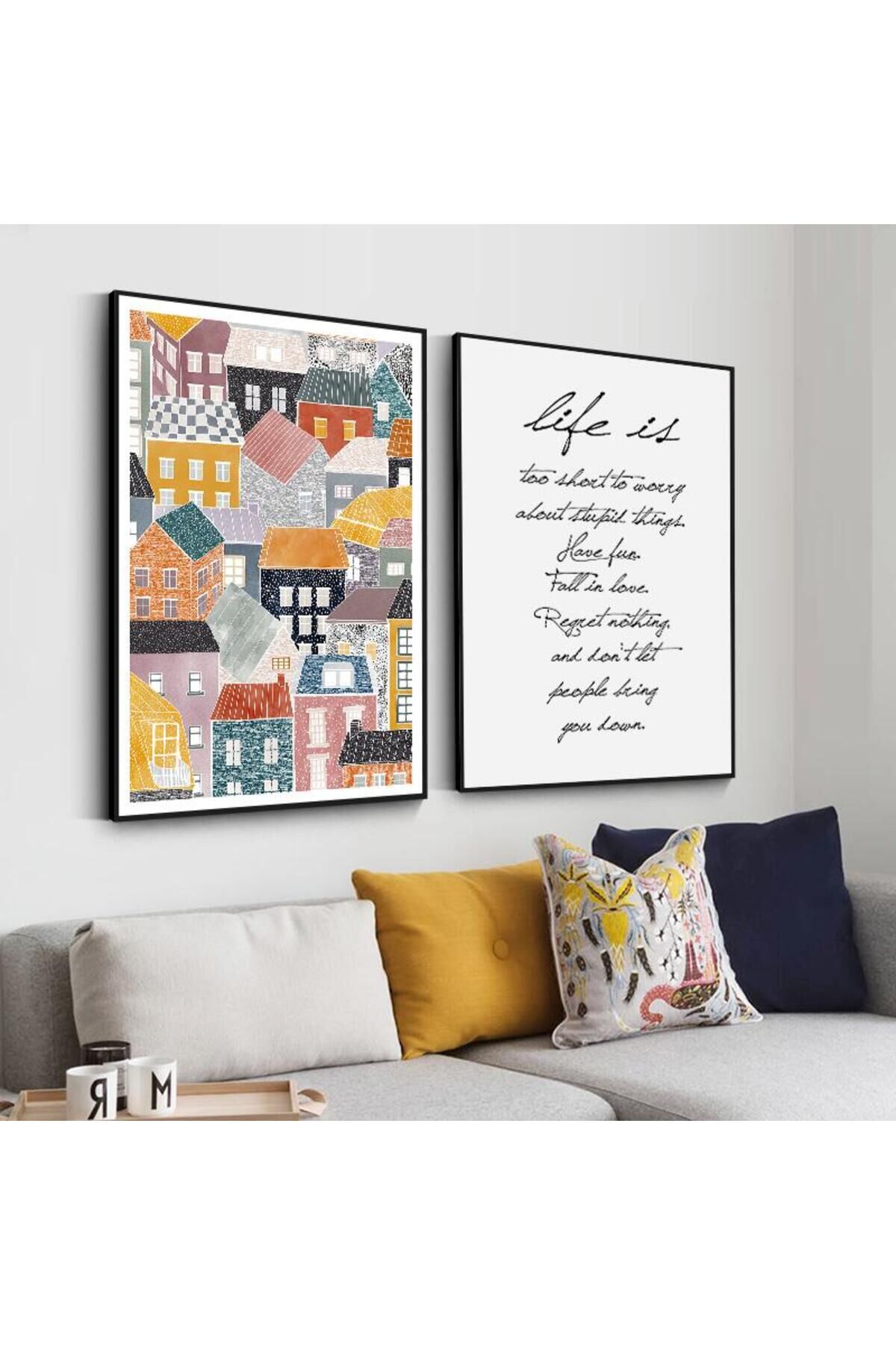 2li Siyah Metal Çerçeveli Renkli Bina Yapı Motto Mimari Camlı Tablo Seti