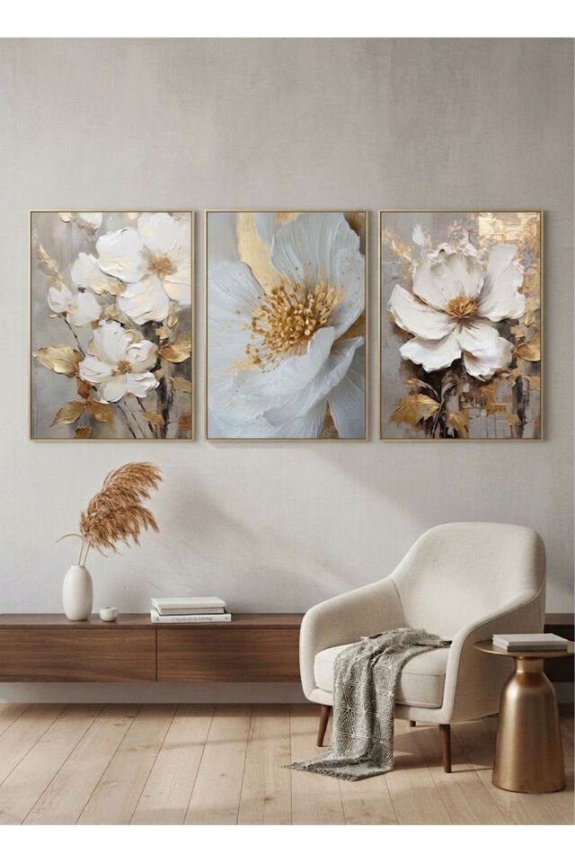 Üçlü Gold Metal Çerçeve Gold Gümüş Çiçek Poster Camlı Tablo Seti