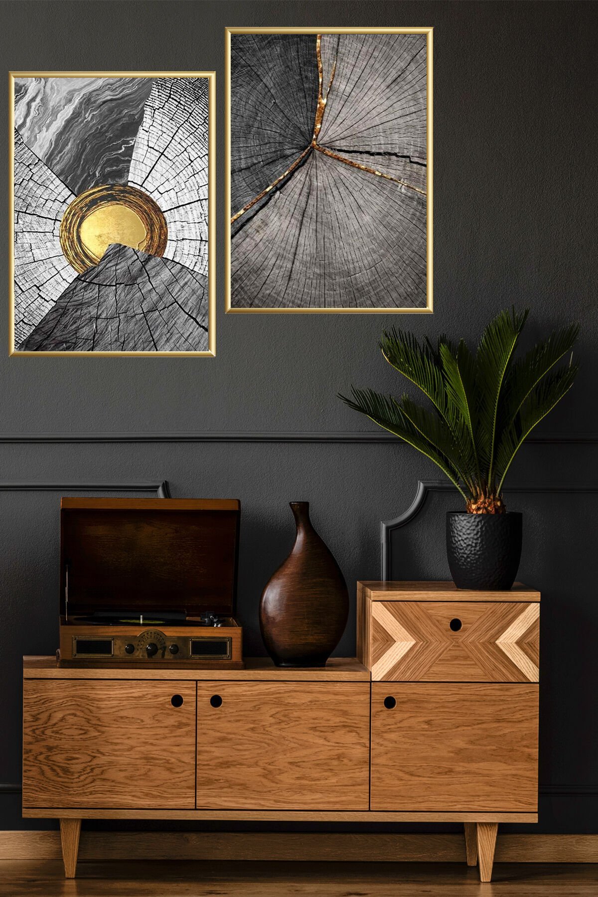 Ikili Gold Alüminyum Metal Gri Siyah Çerçeveli Camlı Poster Tablo Seti