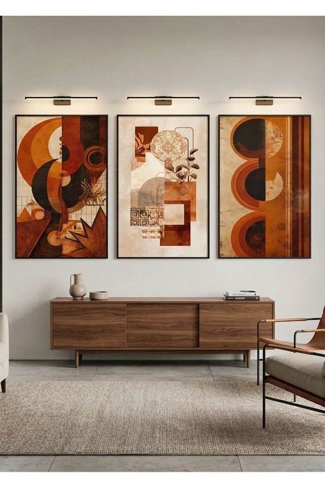 Üçlü Siyah Metal Boho Geometrik Duvar Dekoru Poster Camlı Tablo Seti