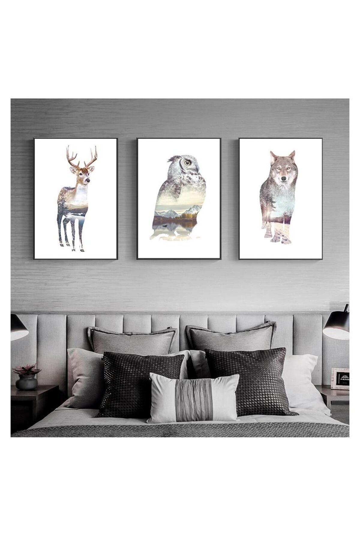 3lü Metal Siyah Geyik Baykuş Kurt Doğa Camlı Tablo Seti