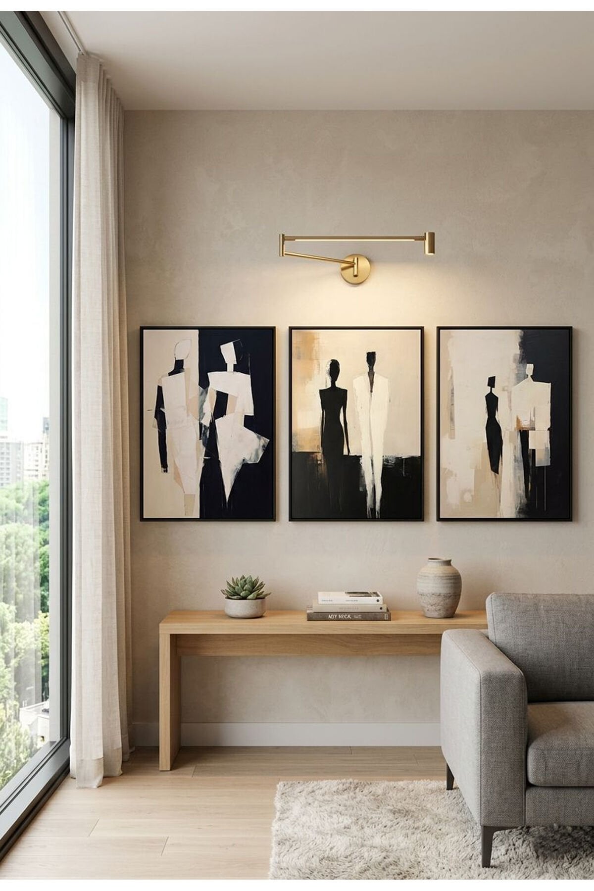 Üçlü Siyah Metal Modern Soyut İnsan Figürlü Poster Camlı Tablo Seti