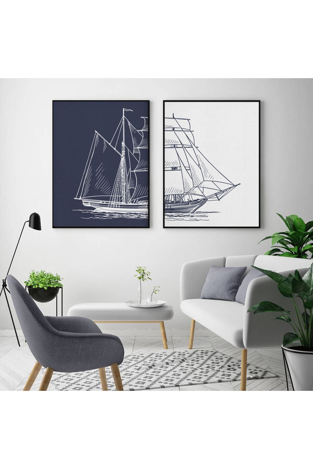 2li Siyah Metal Çerçeveli Lacivert Deniz Gemi Camlı Tablo Seti