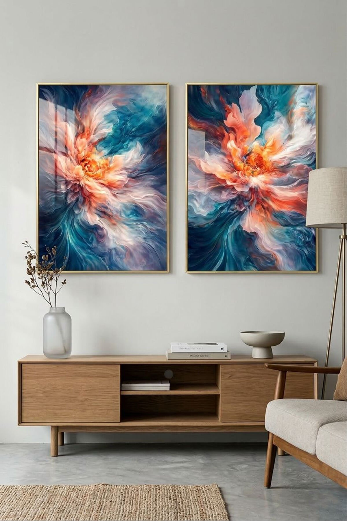İkili Gold Metal Çerçeve Soyut Çiçek Modern Mavi Poster Camlı Tablo Seti
