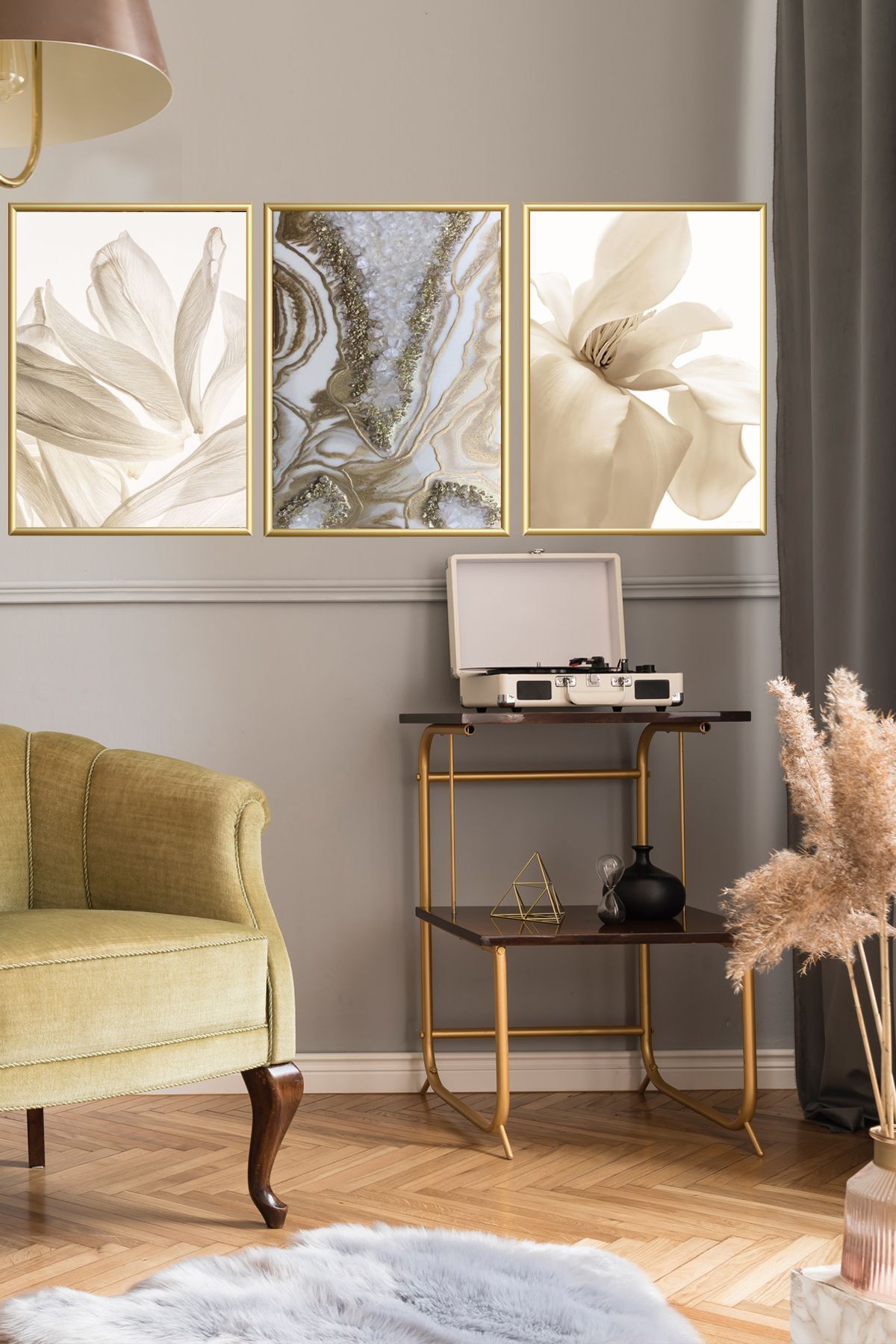 Üçlü Gold Alüminyum Krem Gül Kurusu Çiçek Metal Çerçeveli Camlı Poster Tablo Seti