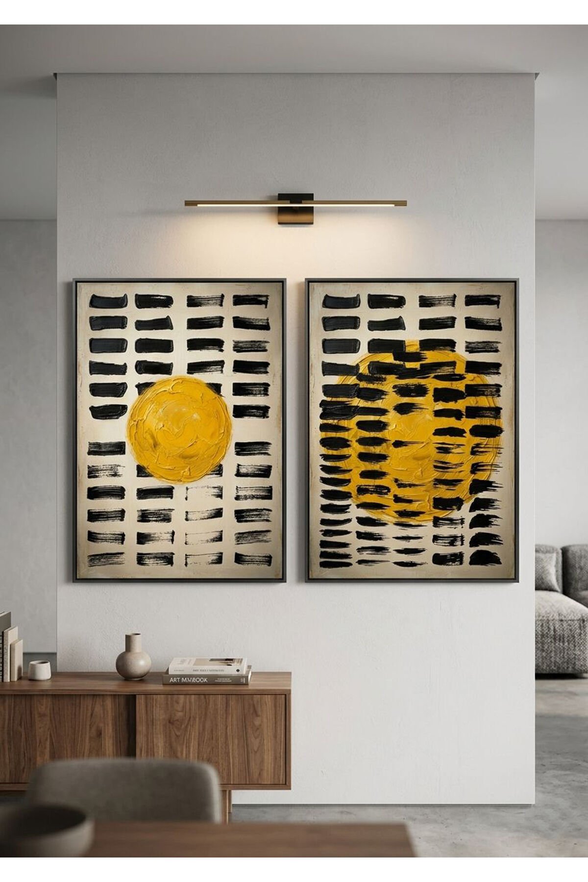 İkili Siyah Metal Çerçeve Sarı Beyaz Minimalist Geometrik Camlı Tablo Seti