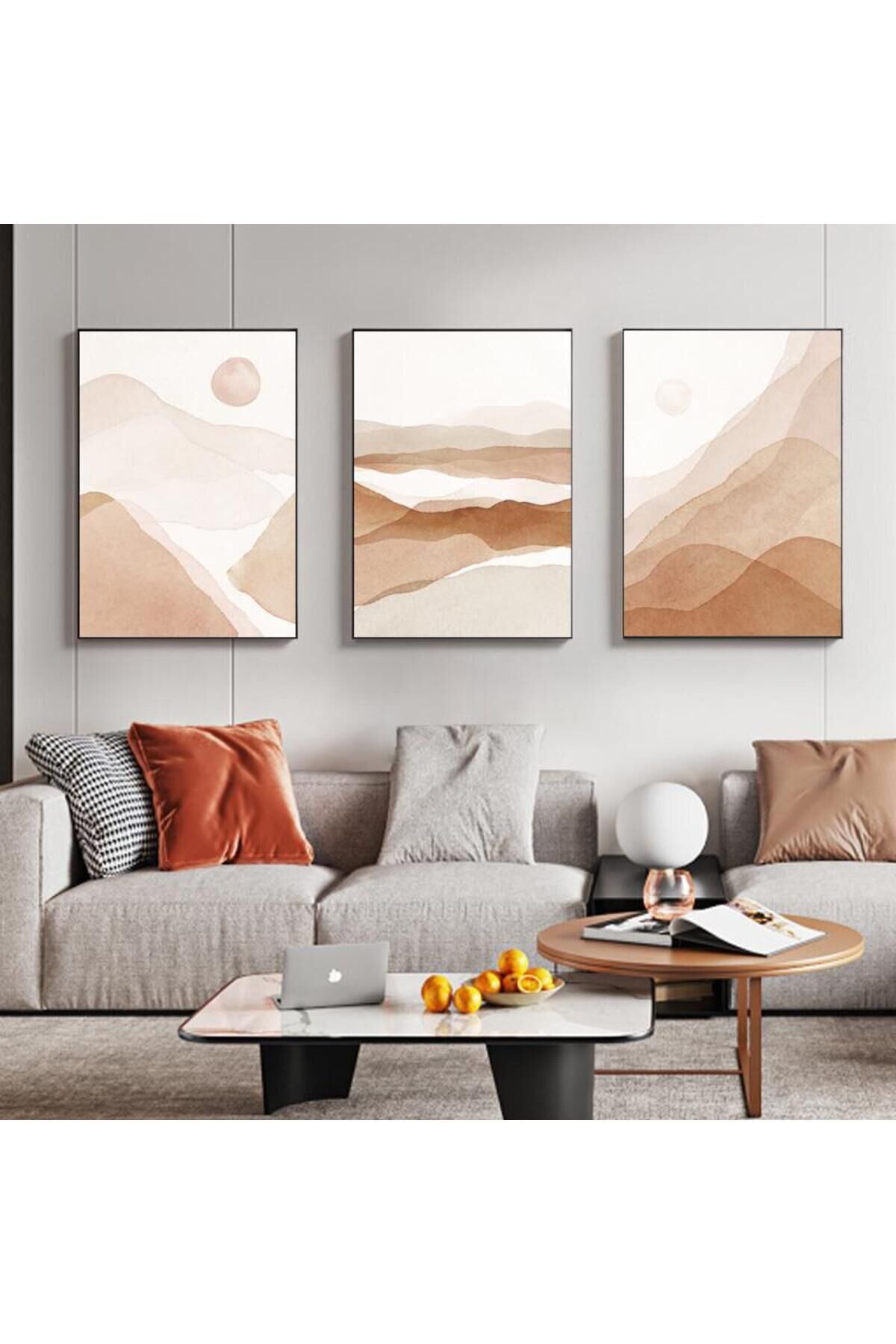 3lü Siyah İnce Çerçeveli Soyut Kahverengi Dağlar Metal Cam Tablo Seti