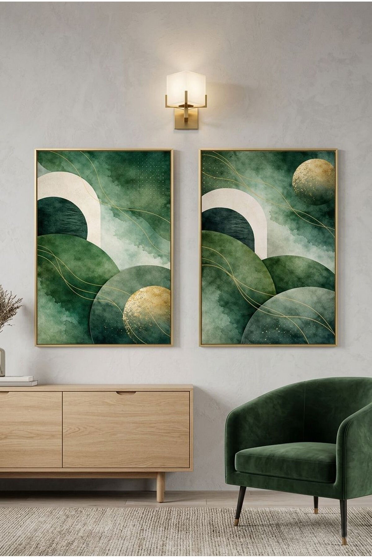 2li Gold Metal Çerçeve Zümrüt Yeşil Altın Luxury Camlı Poster Tablo Seti