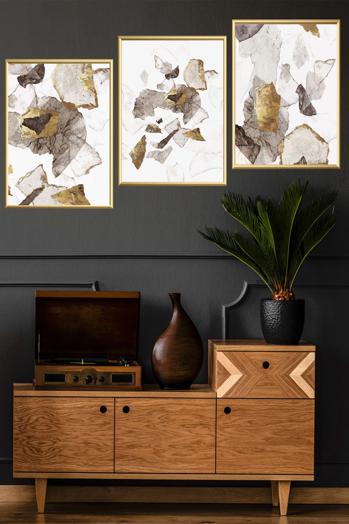 Üçlü Gold Alüminyum Metal Çerçeveli Cam Salon Dekoratif Poster Tablo Seti