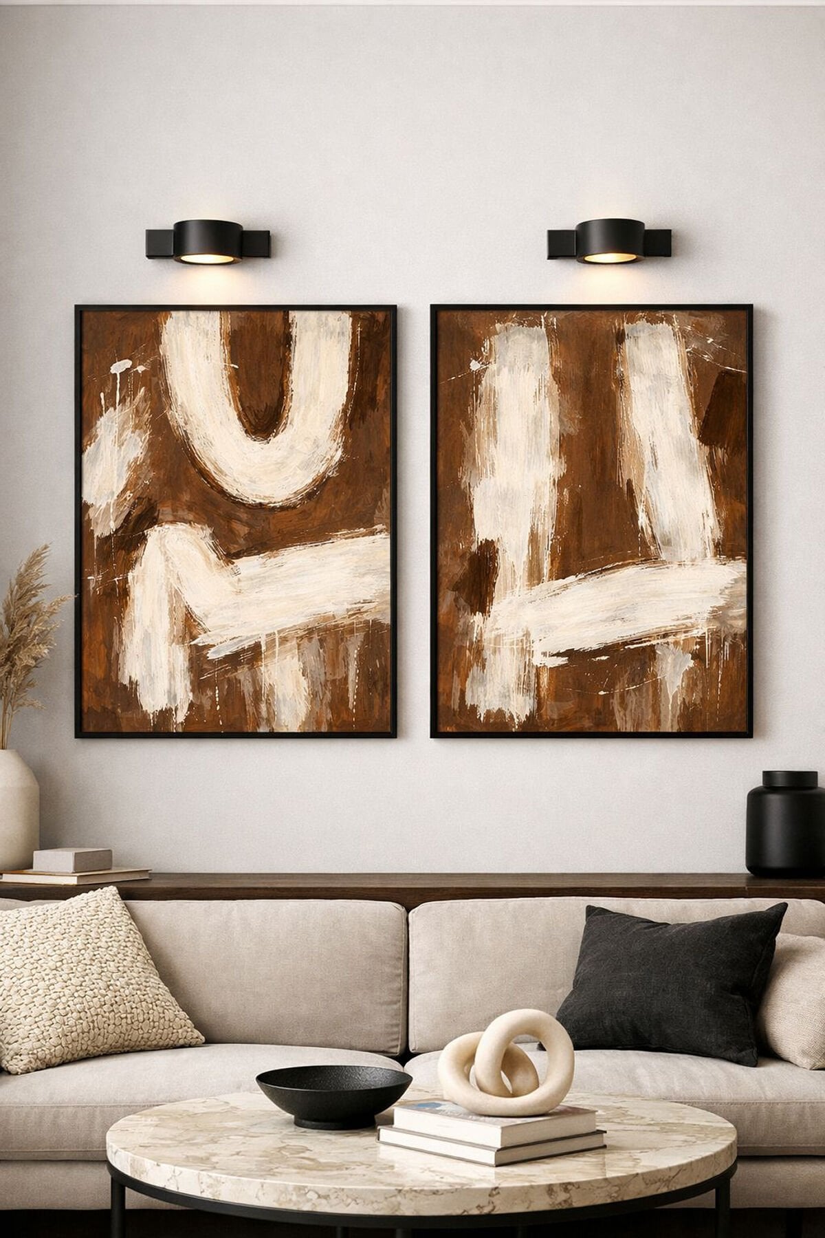 İkili Siyah Metal Çerçeve Minimalist Toprak Tonları Soyut Sanat Camlı Tablo Seti