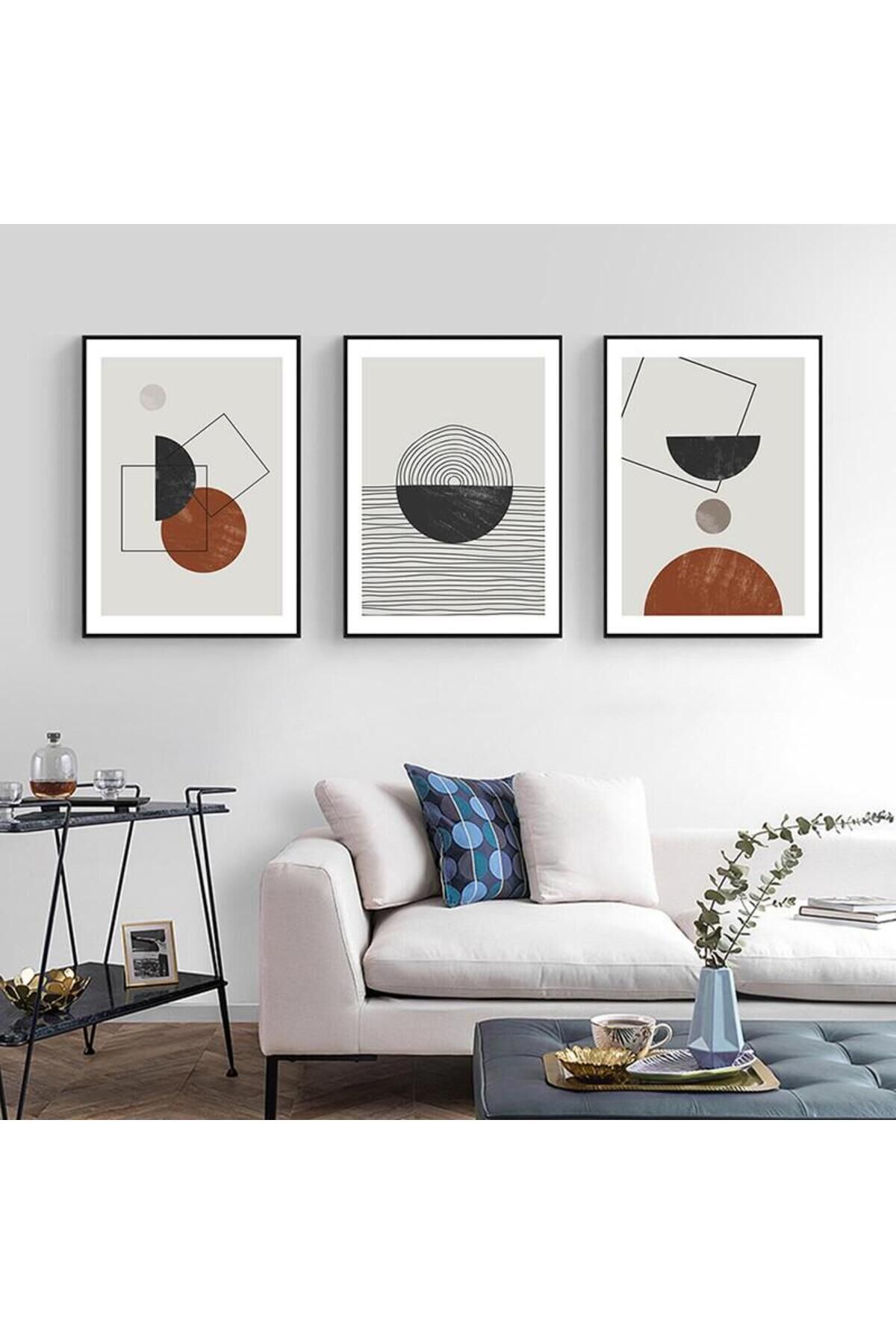 3lü Siyah İnce Çerçeveli Geometrik Dairesel Metal Cam Tablo Seti
