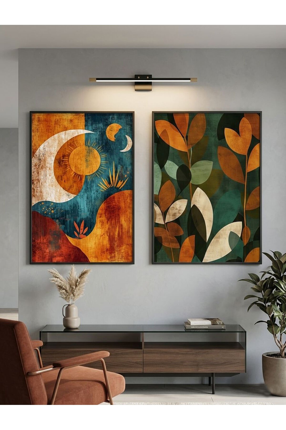 İkili Siyah Metal Çerçeve Modern Boho Doğa ve Gökyüzü Temalı Camlı Tablo Seti