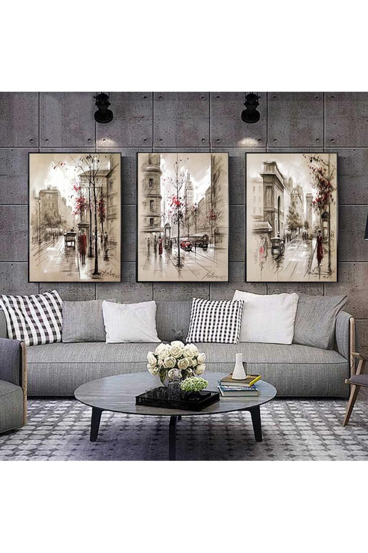 3lü Siyah İnce Çerçeveli Şehir Retro Metal Cam Tablo Seti