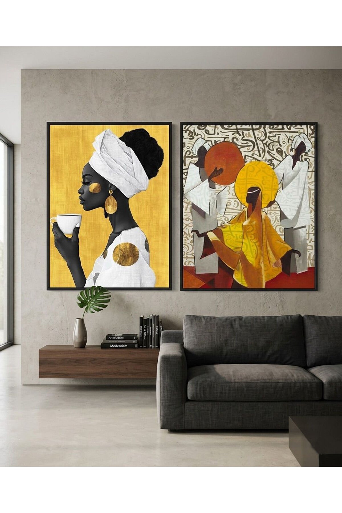 İkili Siyah Metal Çerçeve Gold Detaylı Modern Afro Art Camlı Tablo Seti