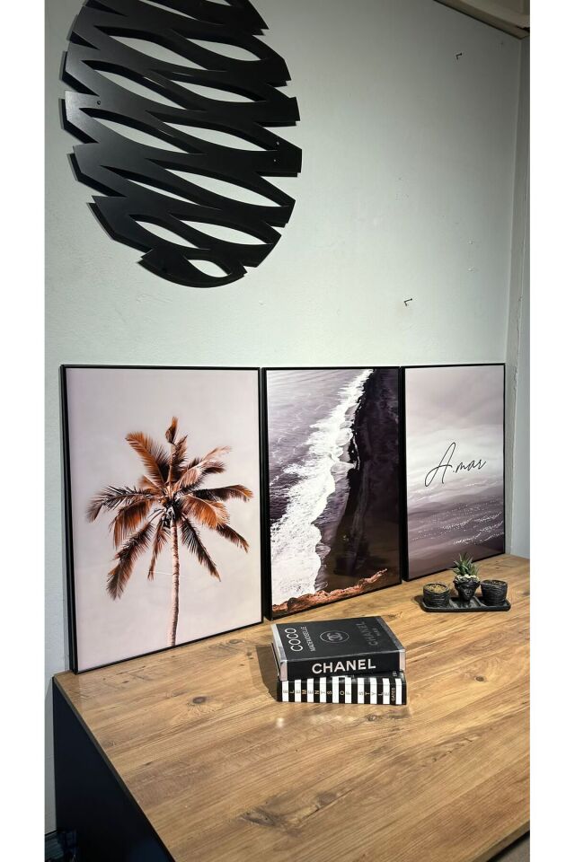 3lü Siyah İnce Çerçeveli Soyut Palmiye Amor Tarz Metal Cam Tablo Seti