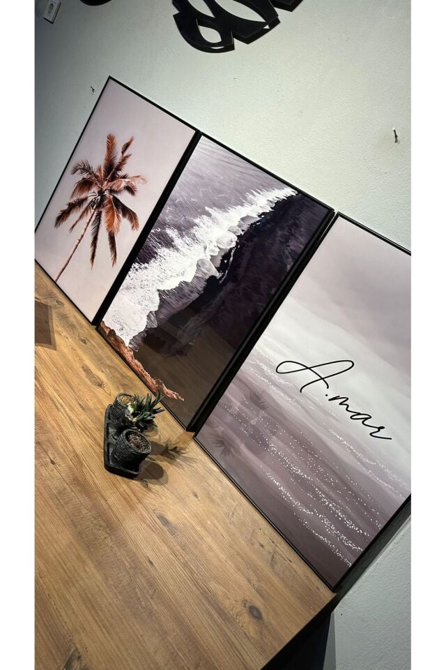 3lü Siyah İnce Çerçeveli Soyut Palmiye Amor Tarz Metal Cam Tablo Seti