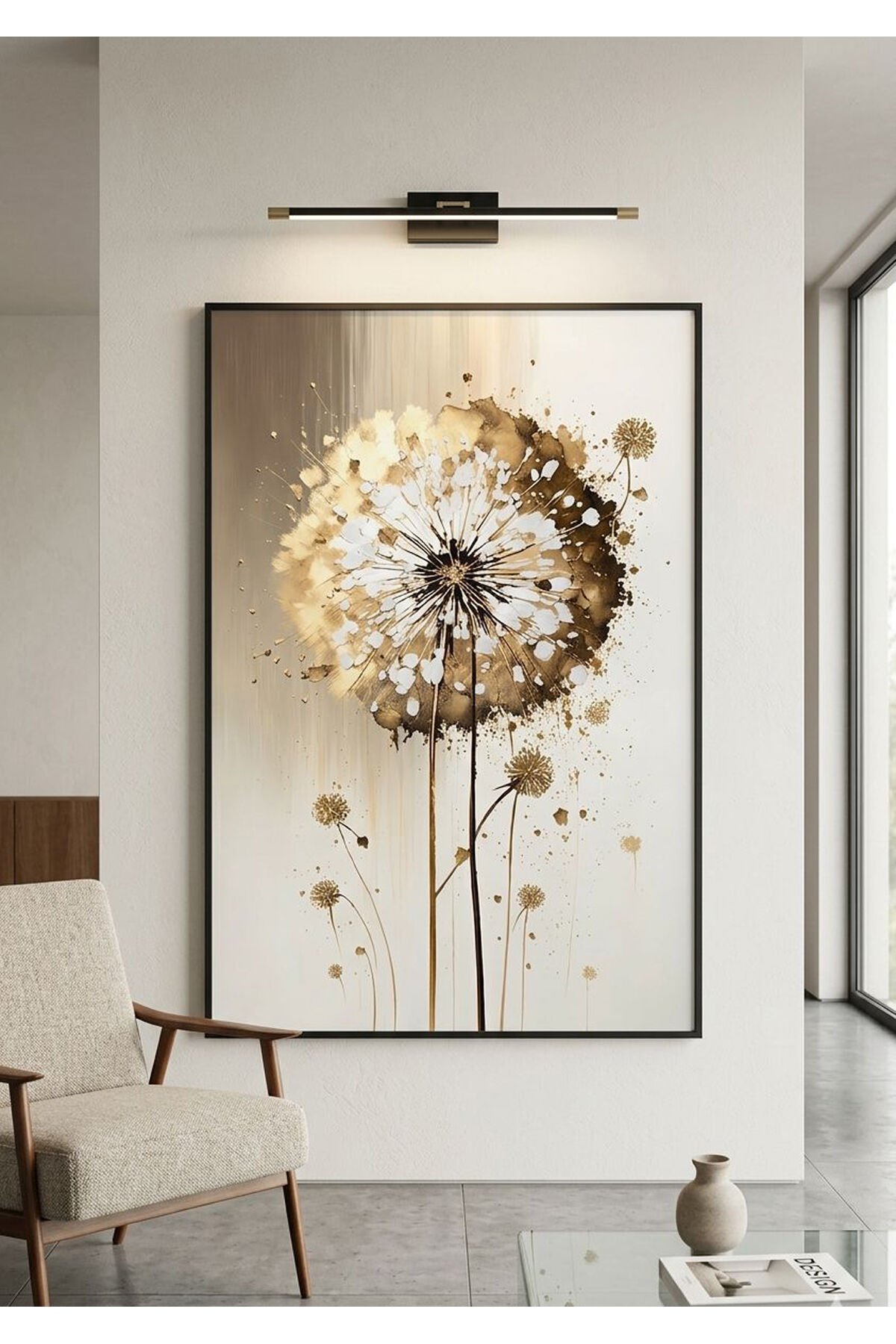 Tekli Siyah Metal Çerçeve Minimalist Işıltılı Karahindiba Camlı Tablo Seti